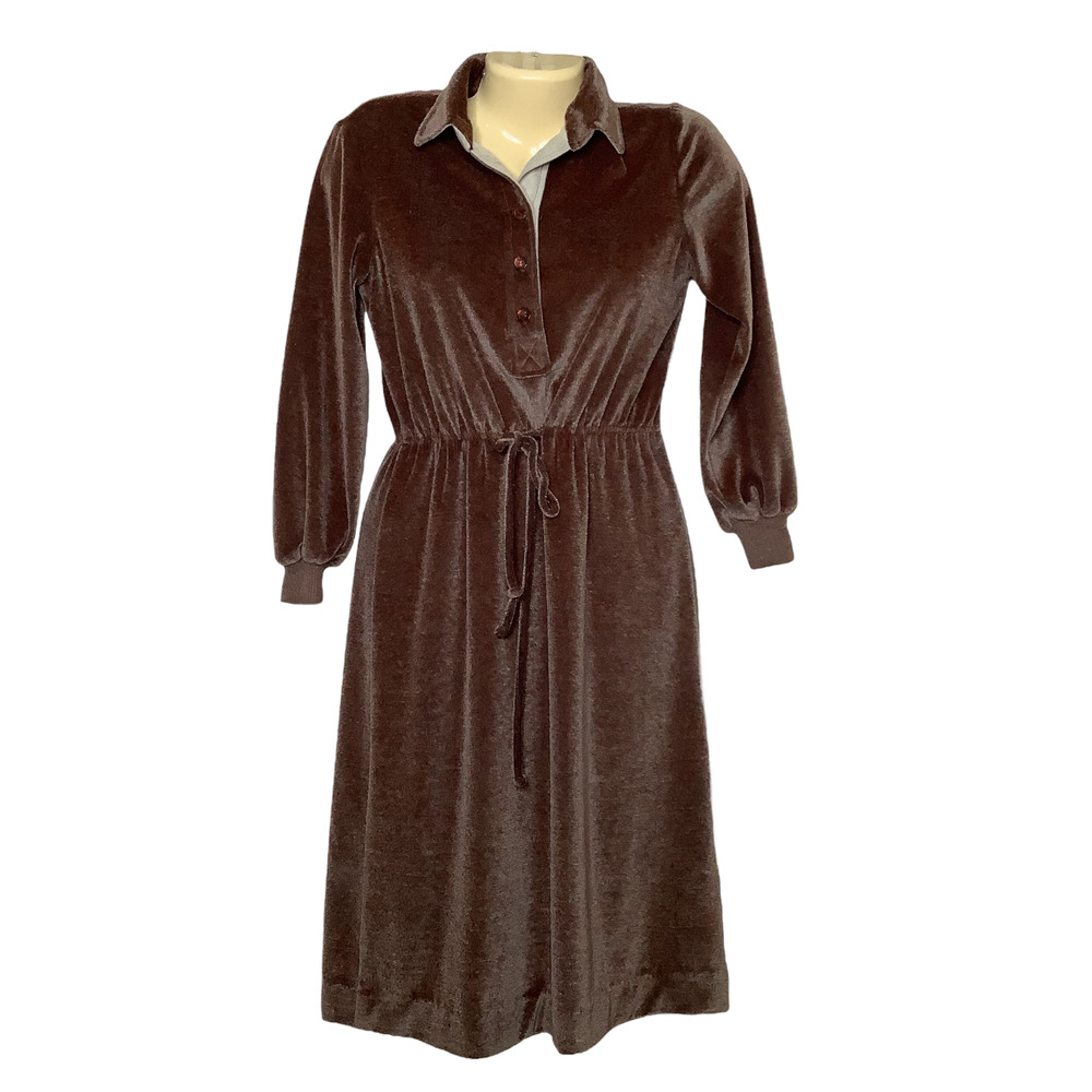Vintage Dress Small 70s Velour Brown Rainbow Flecked Knit Long Sleeve Tie Waist